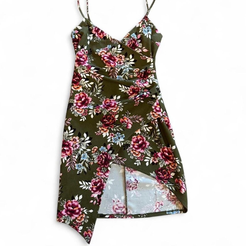 Green floral mini dress with front slit.
